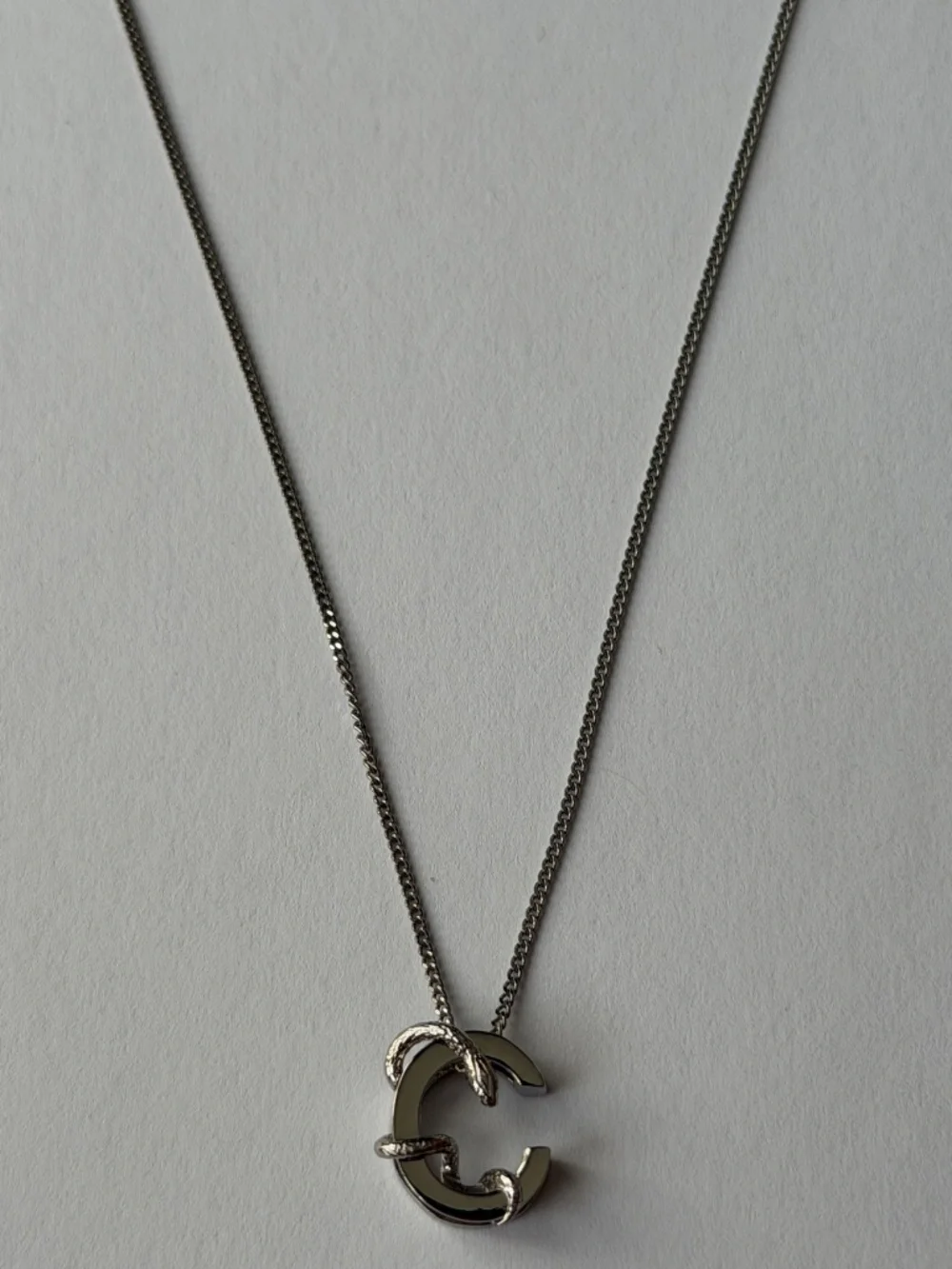 Saint Laurent YSL Sterling Silver C Initial Letter Snake Pendant Chain Necklace